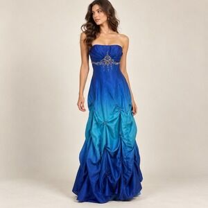 Deb Prom Dress 7/8 Blue Ombre Beaded Strapless Pick-Up Gown Ethereal Princess